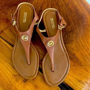 Michael Kors Brown Leather Wedge T Strap Sandals